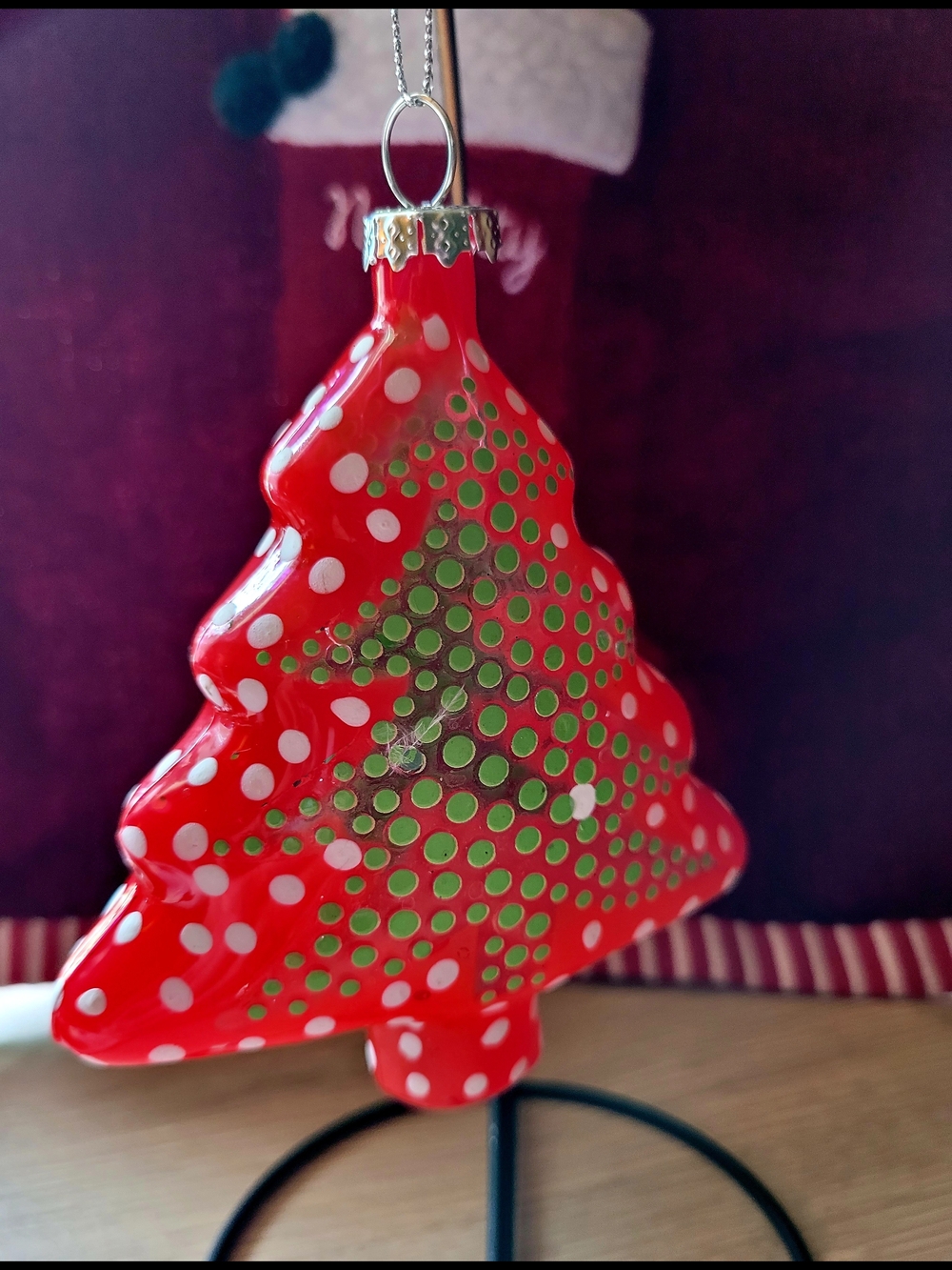 Pier 1 Red and Green Polka Dot Glass Christmas Tree Ornament